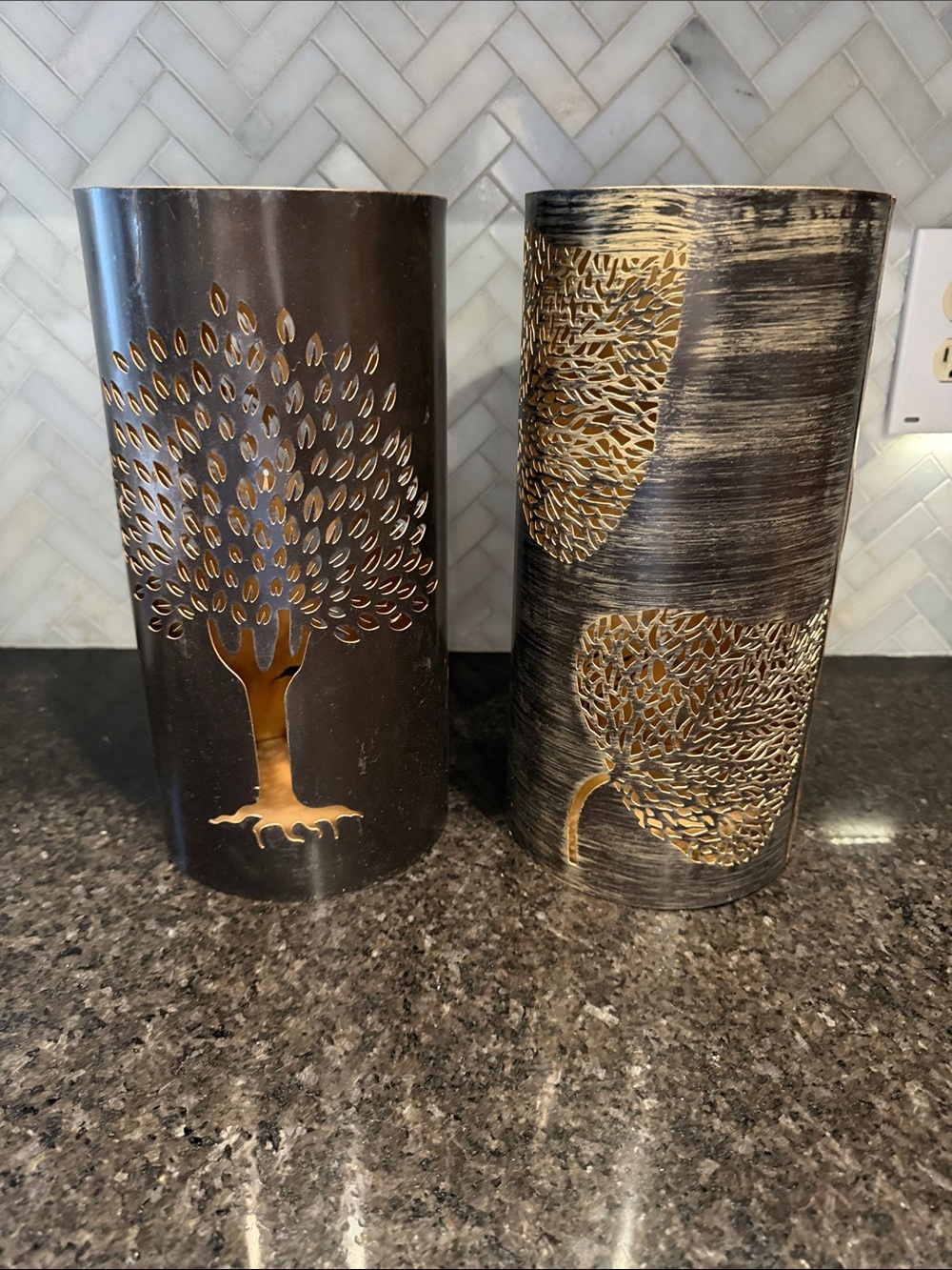 Metal Tree Metal Hurricane Candle Holders Bronze Brown set of 2 Tree Leaf Design